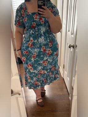 Blue Floral Midi Dress with Smocked Bodice